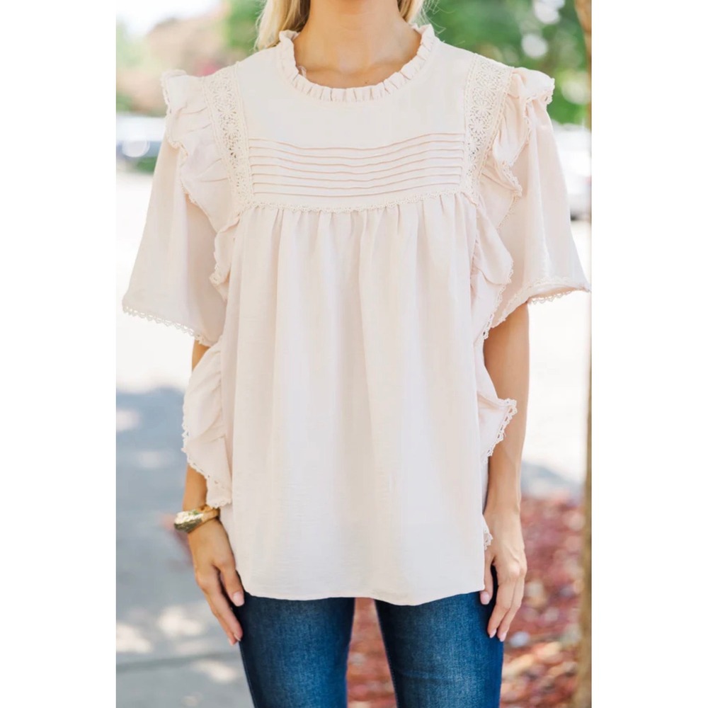 Shop the Mint Ruffle Lace Pintuck Oversized Blouse Light Pink M T18781 - Picture 1 of 6